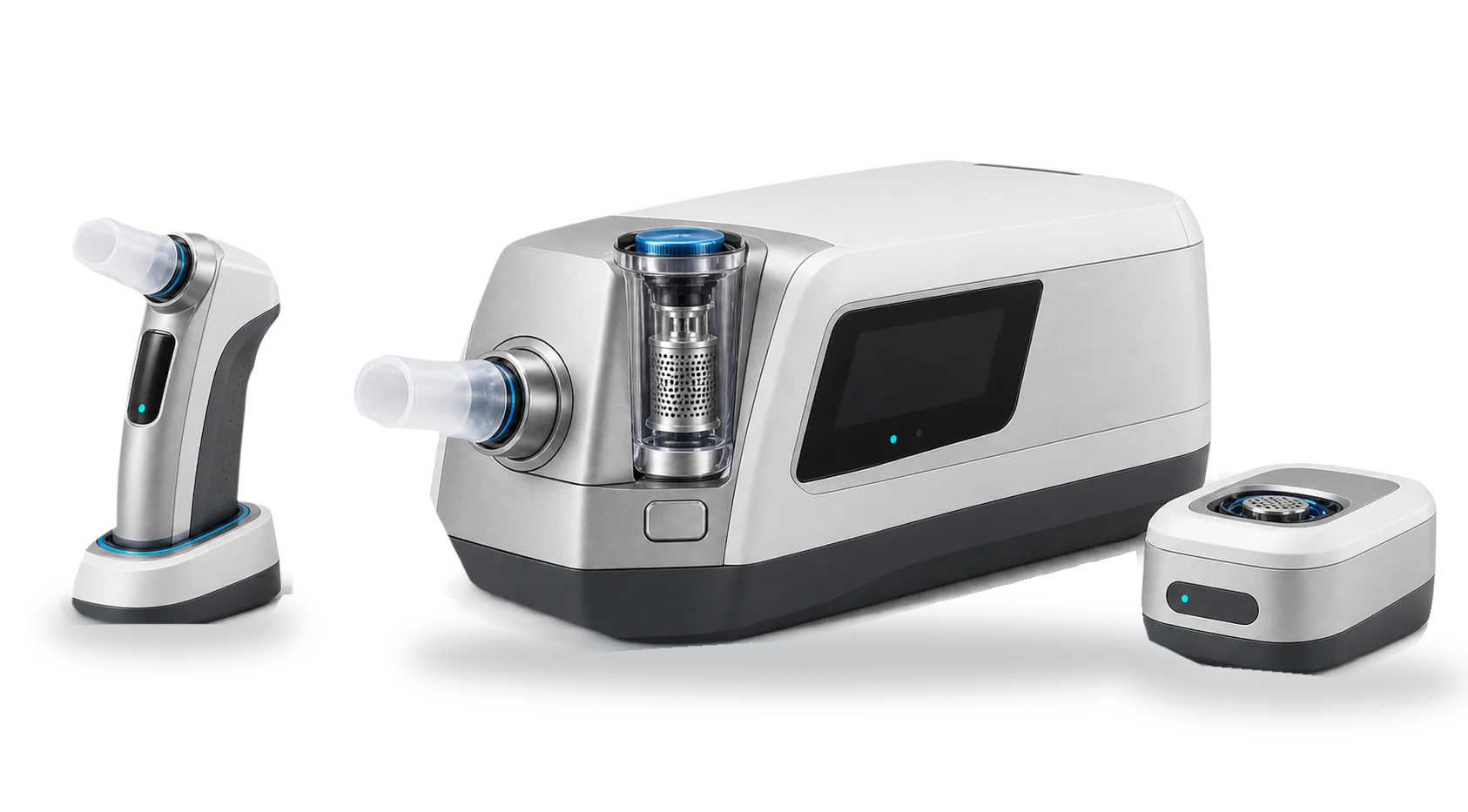 Concept visualisation of the VSNOVA product family, with the VAYU clinic instrument, a portable breath sampler and a respiratory context node